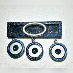 Mid Century modern handmade artisan rectangle green, evil eye charms brooch